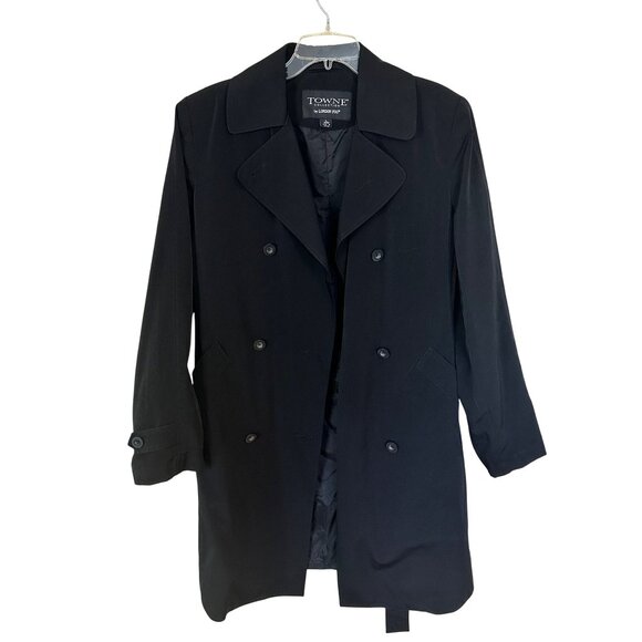 Womens Black Trench Coat London Fog Towne Collection Large Belted Knee Length - Picture 1 of 8